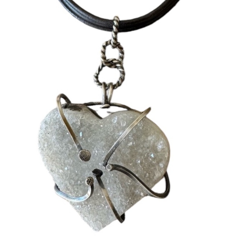 Sterling silver / substantial Druzy  Heart leather choker